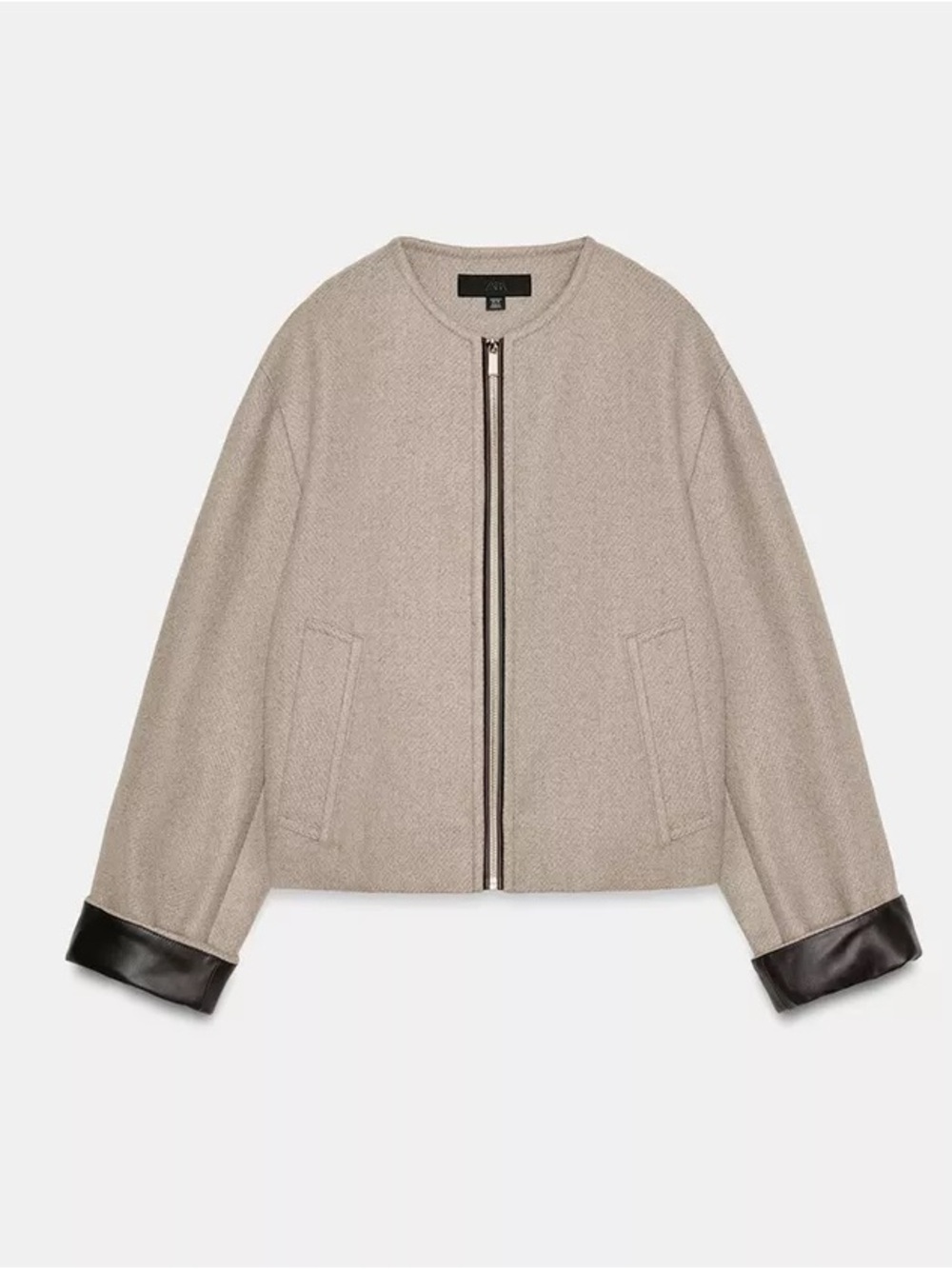 Zara Beige Cropped Jacket with Dark faux leather trim bomber. POP - Picture 4 of 12